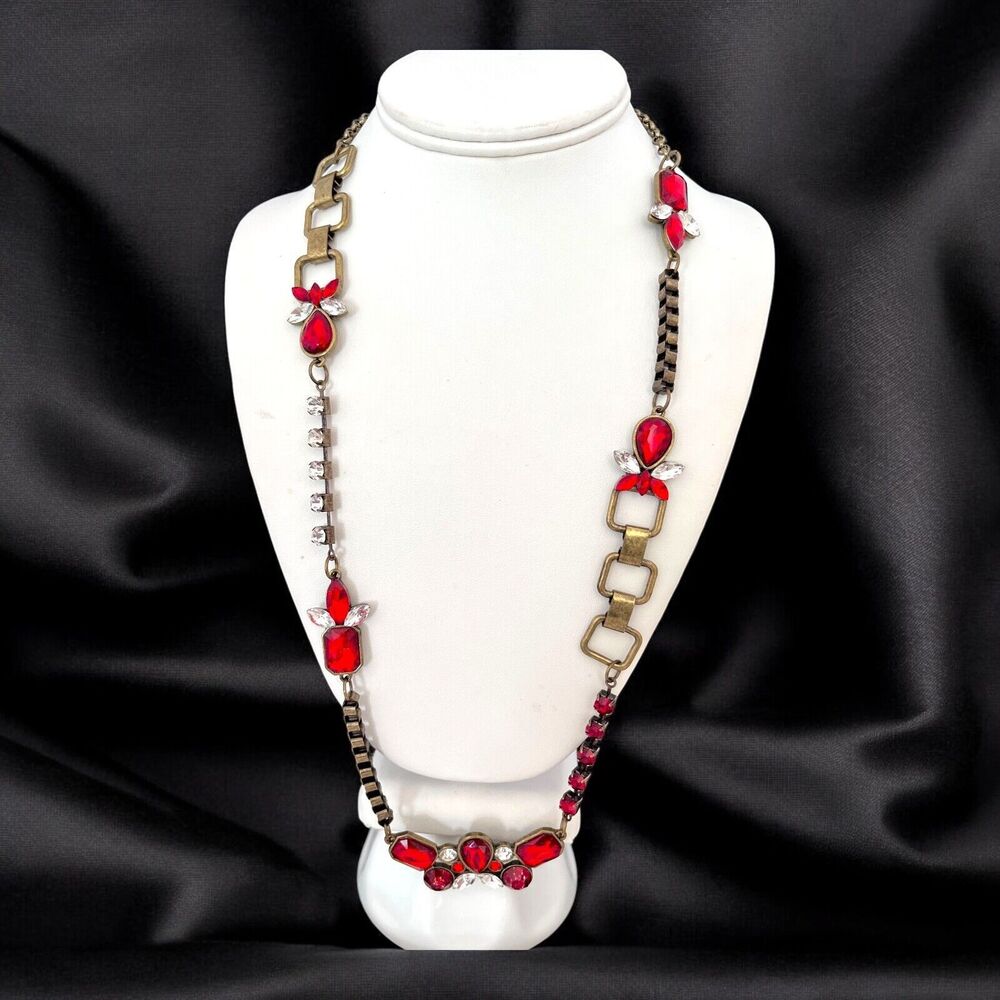 New Long Statement Necklace Antique Brass Tone Red & Clear Stones - 11N